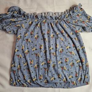 Glance Womens Blue Floral Short Sleeve Top Size Medium